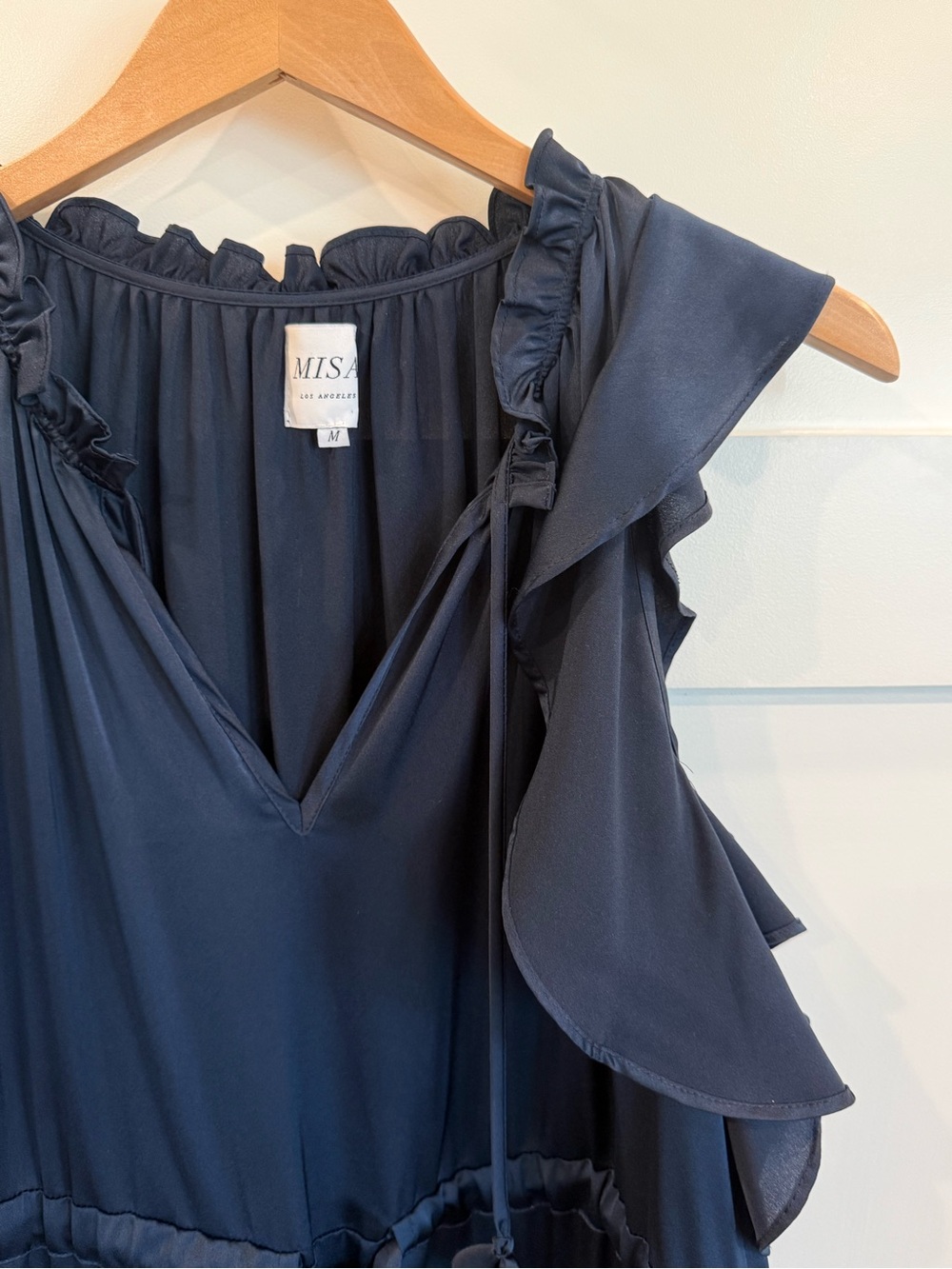 Misa Navy Ruffle Flounce Fringe Drawstring Viscose Dress - Picture 2 of 8